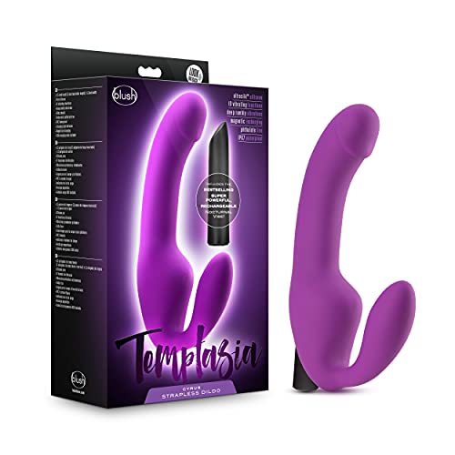 Blush Temptasia - Cyrus - Strapless Strap On Silicone Vibrating Dildo with 10 Powerful Functions Dual Stimulation IPX7 Submersible Waterproof Bullet - Vibrator Sex Toy for Women and Men - Purple