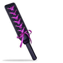 Load image into Gallery viewer, Hand Slapper Leather Spanking Paddle with Purple Ribbon Bow and Black Satin Eye Mask Blindfold
