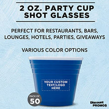 Load image into Gallery viewer, Custom Party Cup Shot Glasses 2 oz. Set of 50, Personalized Bulk Pack - Made with Hard Plastic, Great for Birthdays, Parties, Indoor &amp; Outdoor Events - Blue
