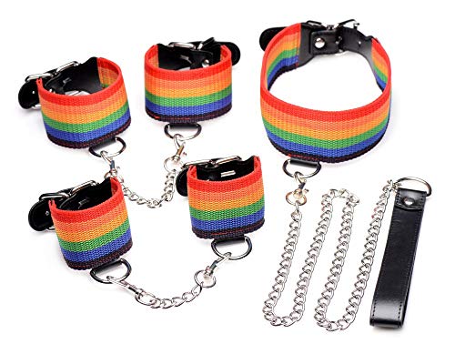 New Extreme Obedience Kinky Pride Rainbow Bondage Set - Wrist/Ankle Cuffs & Collar with Leash - Perfect for All Skill Levels