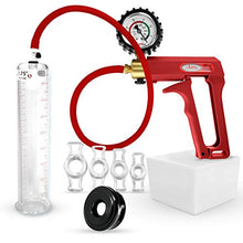 Load image into Gallery viewer, LeLuv Premium Penis Pump Maxi Red Plus Protected Gauge and Uncollapsible Slippery Silicone Hose Bundle with Black TPR Seal and 4 Sizes of Constriction Rings | 9 inch x 1.75 inch Cylinder
