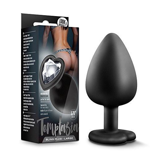 Blush Temptasia Bling Anal Plug - Platinum Cured Puria Silicone - Heart Shaped Butt Toy with Gem Base - Tapered Head for Easy Insertion and Ultrasilk Smooth - Comfortable for Long Term Wear - Black