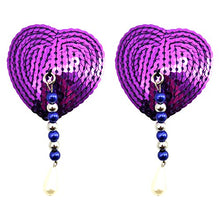 Load image into Gallery viewer, Bijoux de Nip Sequin Heart Shaped Nipple Covers with Anodized Beads and Pearl, Purple, 2.9 Ounce
