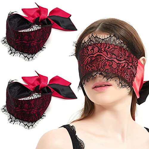 VANFAVORI Sexy Blindfold 2 Pack with Lace, Silky Satin Sleeping Eye Mask Cover Bondage Tie for Women Men Couples Adults Play Meditation, 58 inches Long, Burgundy Red