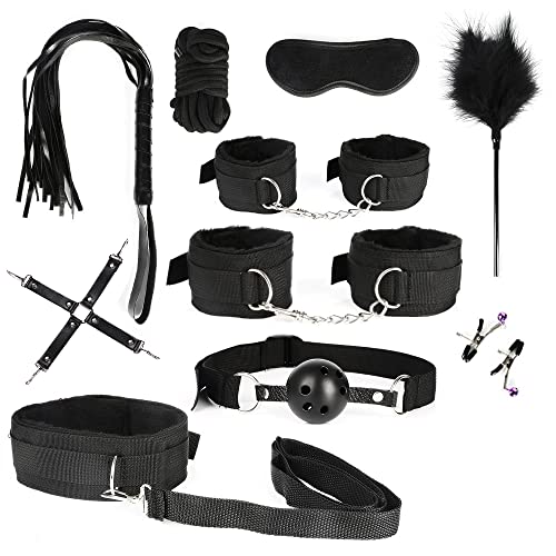 Sex Bondage SM Kit Restraints - Black 11PCS Sets with Adjustable Handcuffs Collar Ankle Cuff Blindfold Feather Tickler Adult Games Toys for Men Women and Couples