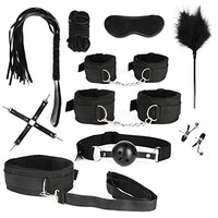 Bed Restraints Sex Toys Black Bondage Restraints Set Fetish for Beginners Light SM Adult Games Safe Cuffs Nipple Clamps Flogger Ball Gag Blindfold Rope-11pcs Black