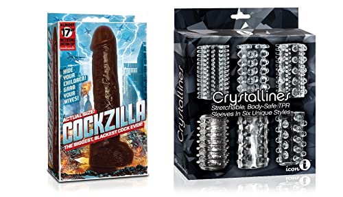 Sexy, Kinky Gift Set Bundle of Cockzilla Nearly 17 Inch Realistic Black Colossal Cock and Icon Brands Crystalline TPR Cock Sleeves, 6 Pack, Clear