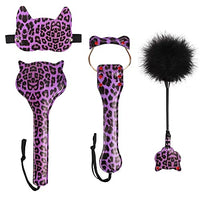 Bluebay Leather 4PCS Whip Set Cat Hear Horse Riding Crop Spanking Paddle Faux Leather Tickle, Blindfold (Leopard Purple)