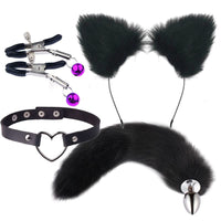 Women's Fetish Restraint BDSM Faux Fur Cat Ears Hair Anal Plug Tail Sex Toys for SM Cospaly Party Accessory (Black)