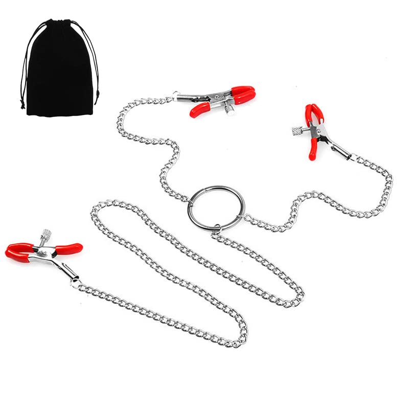 Three Heads Nipple Clamps with Metal Chains, Breast Massage Nipple Clips, Nipple Jewelry Non Piercing for Lady Own Use or Flirting with Couple (Red)