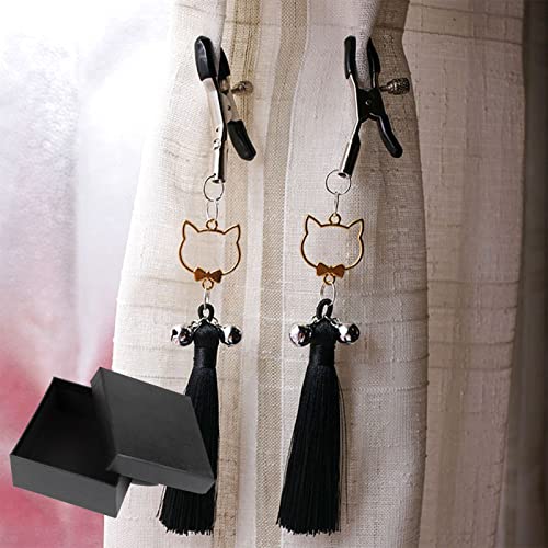 alievoke Cat Pendant Bell Nipple Clamps, Adjustable Breast Nipple Clamps for Sex Pleasure, Nipple Clips with Bell Tassel Cat Decoration (Black)