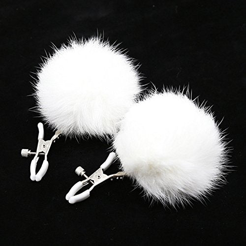 JIAHAO Furry Feather Nipple Clamps Clips Adjustable Rabbit Tail BDSM Sex Toy Unisex (White)