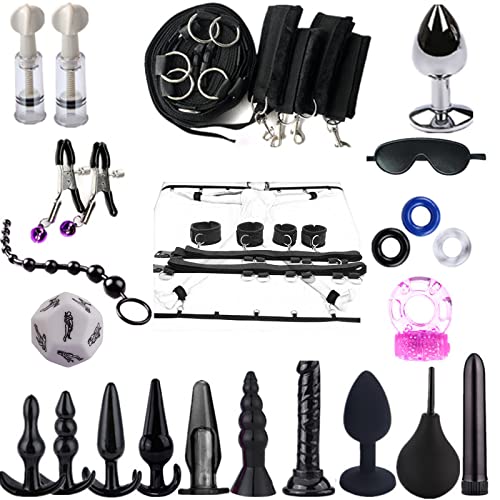 Sex Bondage BDSM 28 Pcs, Strict Bed Restraint Kit, Handcuffs Ankle Base Eye mask Anal Plug Penis Ring Nipple Sucker Nipple Clamps for Sex Cuffs for Sex Play Sex Toy Kit