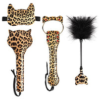 Bluebay Leather 4PCS Whip Set Cat Hear Horse Riding Crop Spanking Paddle Faux Leather Tickle, Blindfold (Leopard)