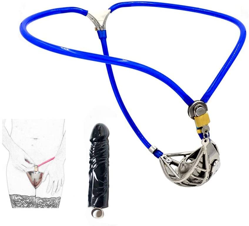MMWMJWMB BDSM Shackles & Handcuffs with Lock Stainless Steel Bondage Toys for Unisex - 5cm High Heavy Duty Fetish Harness Restraint Kit-waist/80cm~90cm,Blue+Plug