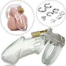 Load image into Gallery viewer, Short Male Chastity Device w/ 5 Different Cock Rings Light Plastic Chastity Cage Made in USA (Regular, Transparent)
