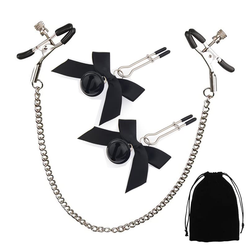 3 PCs Nipple Clamps with Chain & Bow-knot, Nipple Clamps Non Piercing, Nipple Clips for Women Pleasure Sex (Black)