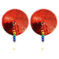 Bijoux de Nip Sequin Round Shaped Nipple Covers with Rainbow Anodized Beads and Pearls, Red, 2.9 Ounce