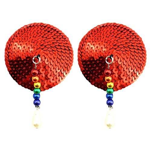 Bijoux de Nip Sequin Round Shaped Nipple Covers with Rainbow Anodized Beads and Pearls, Red, 2.9 Ounce