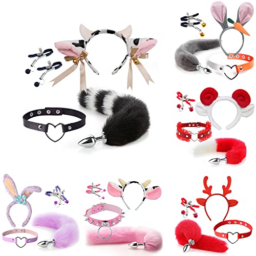 4 Pcs Set Fun Cow Sheep Antelope Rabbit Sexy Maid Tie Ear Hairpin SM Metal Tail Anal Plug. Cosplay Neck Chest Bondage Accessories Sex Toy for Women Female Men Male Unisex (Cow Pink)