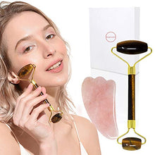 Load image into Gallery viewer, Jade Double-Head Roller Massager Natural Pink Opal Stone Slimming Face Neck Anti-wrinkle Massager Skincare Tool with GuaSha tool with a gift box W3915 (Tiger Eye)
