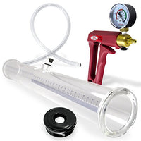 LeLuv Maxi Red Handle and Gauge Buddy Penis Pump 20 inch x 2.25 inch Double-Ended Cylinder Bundle with 2 Basic Seals