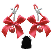 2 PCs Adjustable Nipple Clamps, Bow-Knot &Bells Nipple Clamps for Women, Nipple Jewelry Non Piercing, Nipple Clips for Own Use or Couple Flirting (Red)