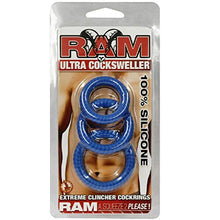 Load image into Gallery viewer, Ram Ultra Silicone Cocksweller 3 Cock Rings (Blue) with Free Bottle of Adult Toy Cleaner
