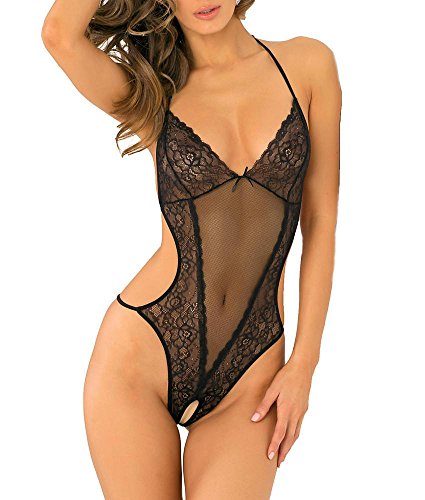 RENE ROFE Crotchless Lace and Mesh Teddy Black S/m (net)