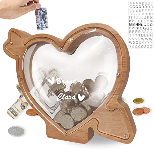 Wooden Piggy Bank, Personalized Heart Coin Ban, Couples Gifts for Boyfriend, Gifts for Children, Family, Couples, Lovers Ones, Christmas Birthday Festival Gift Home Decoration.