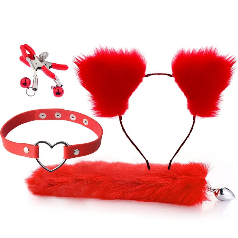 Women's Fetish Restraint BDSM Faux Fur Cat Ears Hair Anal Plug Tail Sex Toys for SM Cospaly Party Accessory (Red)