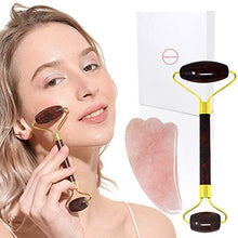 Load image into Gallery viewer, Jade Double-Head Roller Massager Natural Pink Opal Stone Slimming Face Neck Anti-wrinkle Massager Skincare Tool with GuaSha tool with a gift box W3915 (Flower Ruby)
