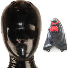 Load image into Gallery viewer, Black Latex Hood with Inner Red Mouth Teeth Gag and Nose Nasal Tubes Back Zipper Rubber Mask Club Wear 0.4-1.0mm Thick (XX-Large, Black 0.8MM Thick)
