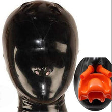 Load image into Gallery viewer, Black Latex Hood with Inner Red Mouth Teeth Gag and Nose Nasal Tubes Back Zipper Rubber Mask Club Wear 0.4-1.0mm Thick (XX-Large, Black 0.8MM Thick)

