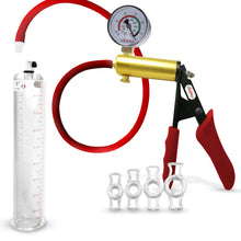 Load image into Gallery viewer, LeLuv Penis Vacuum Pump Ultima Handle Red Premium Ergonomic Grips &amp; Uncollapsable Slippery Hose Bundle with Gauge, 4 Constriction Rings | 9&quot; Length x 1.50&quot; Diameter Cylinder
