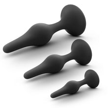 Load image into Gallery viewer, Anal Adventures Platinum Silicone Beginner Plug Kit - Three Different Sized Tapered Plugs for Anal Training - Comfortable Base for Safety and Long Term Wear - Sex Toys for Him Her Couples Black
