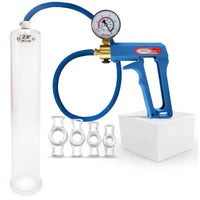 LeLuv Maxi Blue Plus Vacuum Gauge Penis Pump Bundle with Premium Silicone Hose and 4 Sizes of Constriction Rings 12 inch x 2 inch Cylinder