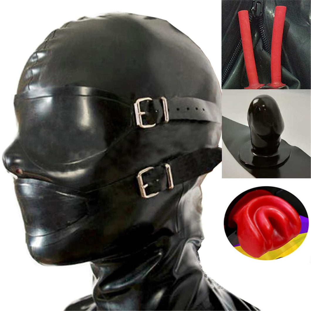 Black Latex Hood Mask with Removable Blindfold and Mouth Piece Gag Nose Nasal Tube Back Zipper Open Eyes Mouth Nose (with black JJ gag, with red nose tube, X-Small, Black 0.4MM Thick)