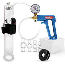 Load image into Gallery viewer, LeLuv Vibrating Penis Pump Maxi Blue Plus Vacuum Gauge Bundle with Soft Black TPR Seal &amp; 4 Sizes of Constriction Rings 12 inch x 1.75 inch Cylinder
