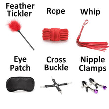 Load image into Gallery viewer, Sex Bondage BDSM Restraints Kits 11 Pcs for Adults Sex Toys with Hand Cuffs Mouth Gag Nipple Clamps &amp; Sex Whip included for Couples Bed Game
