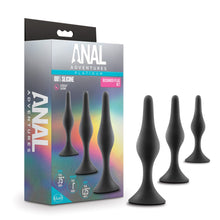 Load image into Gallery viewer, Anal Adventures Platinum Silicone Beginner Plug Kit - Three Different Sized Tapered Plugs for Anal Training - Comfortable Base for Safety and Long Term Wear - Sex Toys for Him Her Couples Black
