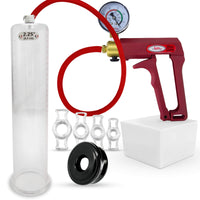 LeLuv Premium Penis Pump Maxi Red Plus Vacuum Gauge and Uncollapsible Slippery Silicone Hose Bundle with Black TPR Seal and 4 Sizes of Constriction Rings | 12 inch x 2.25 inch Cylinder